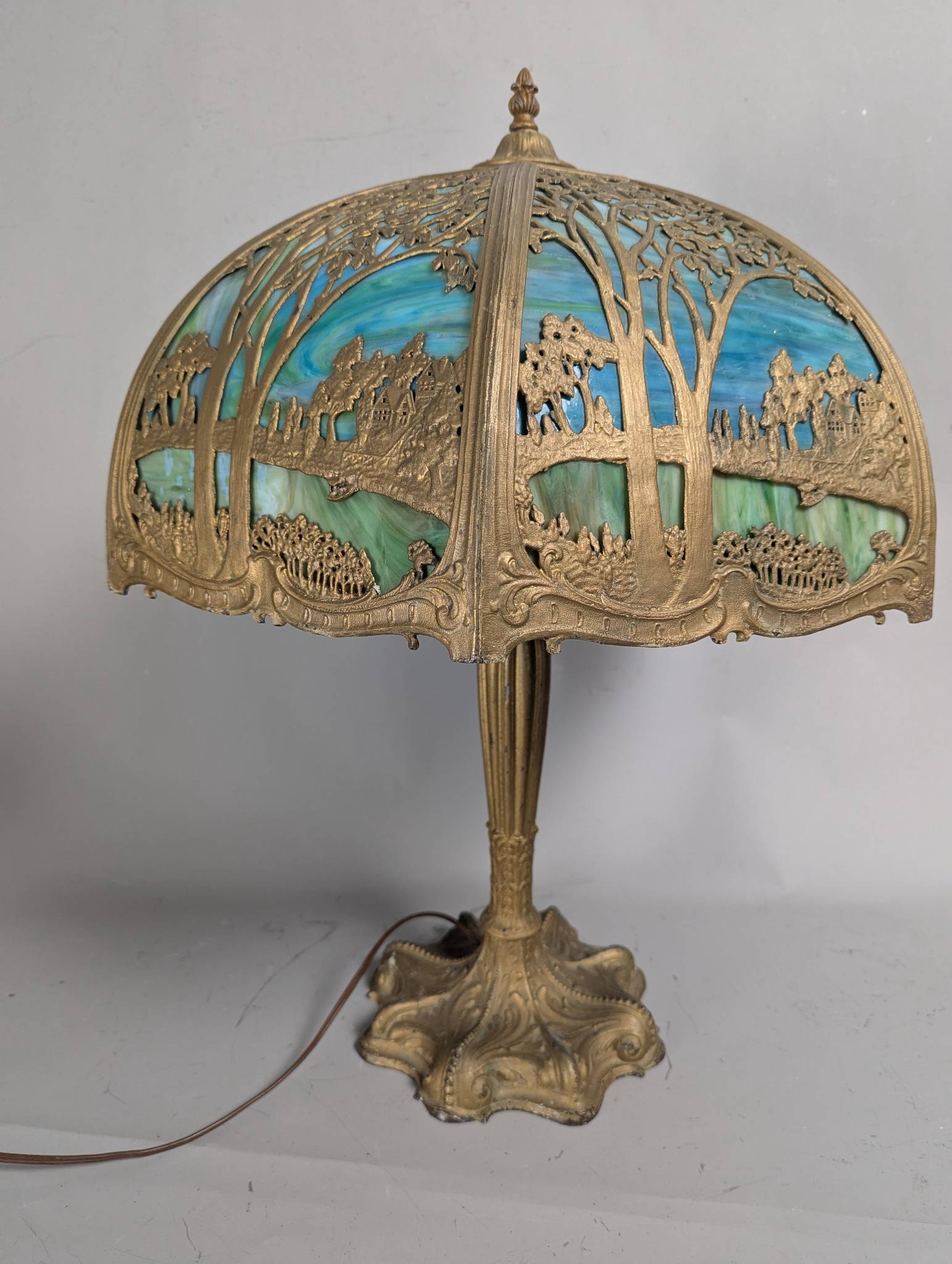 Antique Northwest Lamp Co. Slag Glass Table Lamp with Scenic Overlay Design