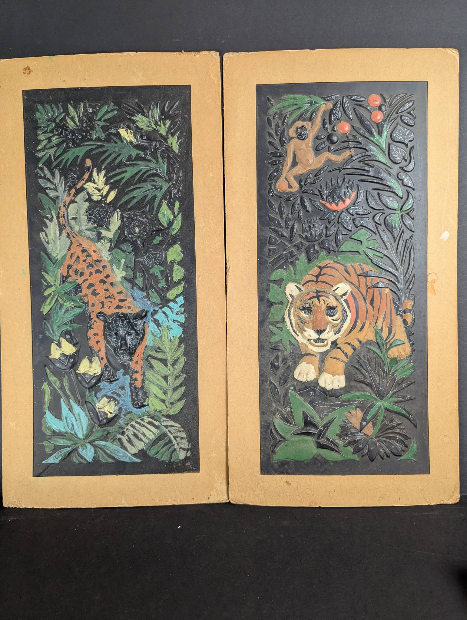 1970s Relief Plastic Paint by Number Jungle Scenes