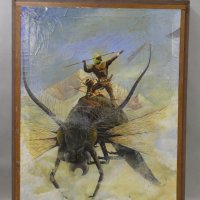 1980 Rod Talbert Black African Warriors Riding Giant Insect Sci Fi Oil Painting