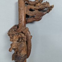 1950s Chinese Carved Wood Walking Stick with Dragon Motif