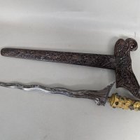 Antique Indonesian Keris Kris with Damascus Steel Blade and Adorned Handle