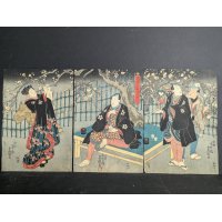 Utagawa Toyokuni III Kabuki Actors Japanese Woodblock Print Triptych Original Art