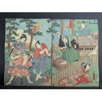 Toyokuni III Kabuki Scene Original 19th Century Japanese Woodblock Print Diptych