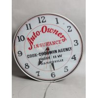 Vintage Lackner Light-Up Advertising Clock Auto-Owners Insurance Bubble Glass Front