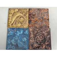 Collection of 4 Antique Ceramic Tiles Art Nouveau Floral Blue Ochre Majolica Glazed