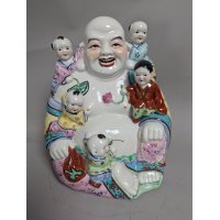 Chinese Famille Rose Porcelain Laughing Buddha Figurine with Five Children 11 High