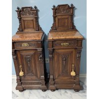 Antique French Henri II Walnut & Marble Top Nightstands - Matching Pair