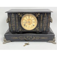 Antique Ansonia Triumph Black Metal Mantel Clock with Key and Pendulum