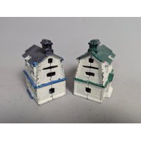 John Wright Cast Iron Cottage String Holder Pair Vintage Collectibles Blue Green Roof