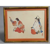Tsukioka Kogyo Japanese Woodblock Print of Noh Drama Scene with Artist Biography