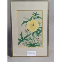 Kawarazaki Shodo Japanese Woodblock Print Sunset Hibiscus and Seashore Pink