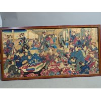Nagayama Umosai Japanese Woodblock Print Triptych 1877 Courtesans and Merchant Scene