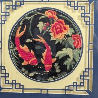 Chinese Silk Embroidery Depicting Koi Fish and Roses Framed Artwork
