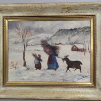 Folk Art Winter Scene Painting by Sonya Tarkoe Signed 1948