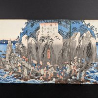 Japanese Woodblock Print by Ando Hiroshige: Pilgrimage to Shrine in Enoshima Triptych  Original 19t