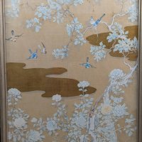 Chinese Watercolor in Chinoiserie Style with Birds and Flowers HUGE