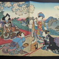 Japanese Woodblock Print Diptych by Toyokuni III Depicting Figures in a Scenic Landscape Original 1