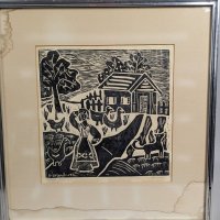 Signed A Stonciute Woodcut Print of Rural Scene with Animals