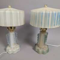 Art Deco Table Lamps with Frosted White and Blue Glass