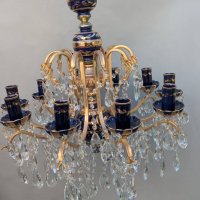Turkish Cobalt Blue Pottery Chandelier with Brass and Crystal Prisms