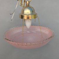 Vintage Pendant Light Fixture with Brass Canopy and Pink Glass Bowl Shade