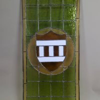 Leaded Stained Glass Window with Geometric Shield Design