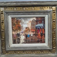 Framed Painting of a Parisian Street Scene with Figures and Cafe