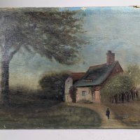 19th Century OIl Painting Landscape With House and Figure in Background