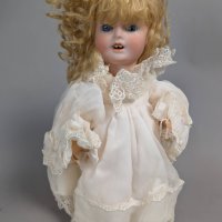 Bisque Head Doll with Blonde Hair and Lace Dress