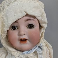 German Porcelain Doll With Composition Body and Lace Bonnet