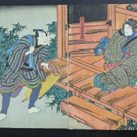 Toyokuni III Japanese Woodblock Print Depicting a Scene with Two Figures Original 19th Century