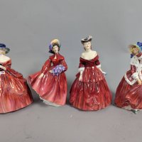 Four Royal Doulton Figurines in Red Hand-Painted Dresses