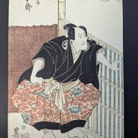 Japanese Woodblock Print by Toyokuni Man by Fence, Original 19th Century