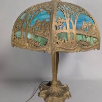 Antique Northwest Lamp Co. Slag Glass Table Lamp with Scenic Overlay Design