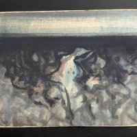 Abstract Watercolor Depicting Organic Forms and Gradient Horizon